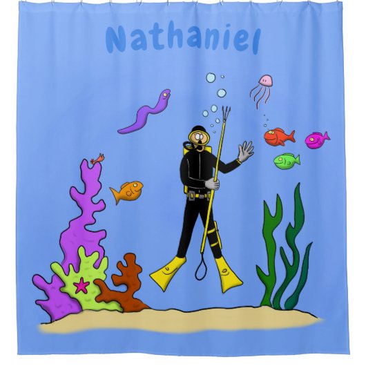Funny Scuba Diver und Fischarten Cartoon Duschvorhang (Vorderseite)