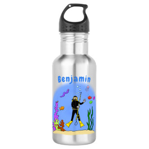 Funny Scuba Diver und Fischarten Cartoon Edelstahlflasche