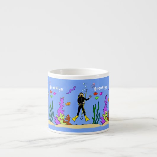 Funny Scuba Diver und Fischarten Cartoon Espressotasse (Vorderseite)