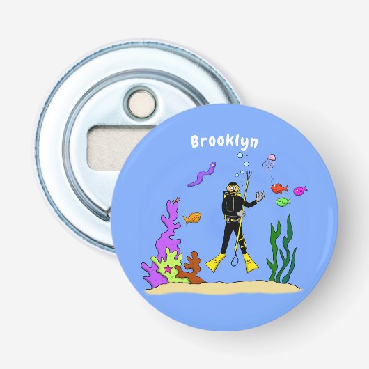 Funny Scuba Diver und Fischarten Cartoon Flaschenöffner (Vorderseite)