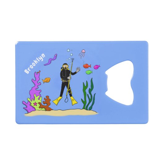 Funny Scuba Diver und Fischarten Cartoon Geldbeutel Flaschenöffner (Vorderseite (Horizontal))