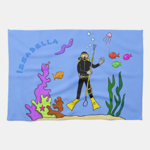 Funny Scuba Diver und Fischarten Cartoon Geschirrtuch