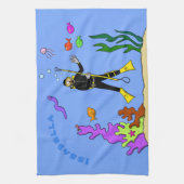 Funny Scuba Diver und Fischarten Cartoon Geschirrtuch (Vertikal)