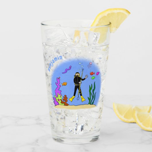 Funny Scuba Diver und Fischarten Cartoon Glas (Rückseite Ice)