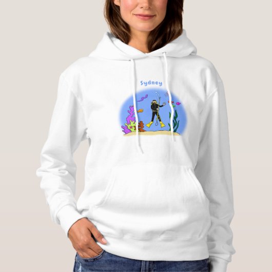 Funny Scuba Diver und Fischarten Cartoon Hoodie (Vorderseite)