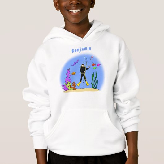 Funny Scuba Diver und Fischarten Cartoon Hoodie (Vorderseite)