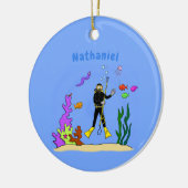 Funny Scuba Diver und Fischarten Cartoon Keramik Ornament (Links)