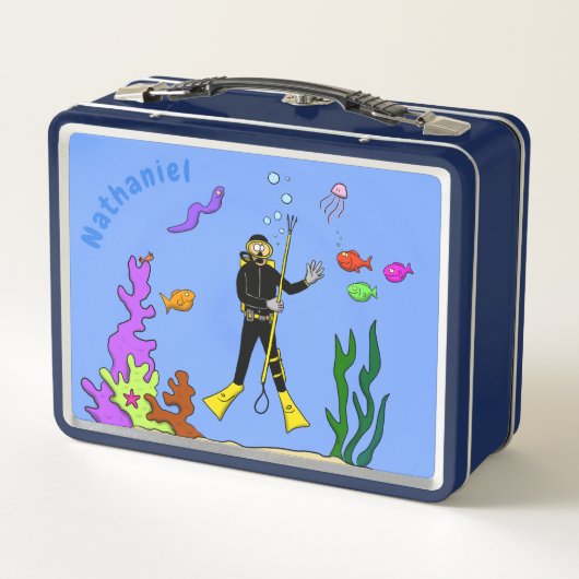 Funny Scuba Diver und Fischarten Cartoon Metall Brotdose (Rückseite)