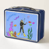 Funny Scuba Diver und Fischarten Cartoon Metall Brotdose (Vorderseite)