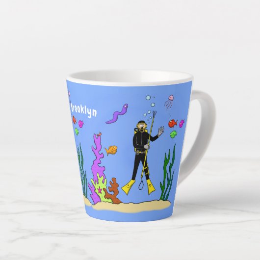 Funny Scuba Diver und Fischarten Cartoon Milchtasse (Rechte Ecke)