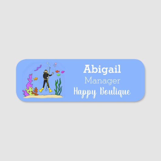 Funny Scuba Diver und Fischarten Cartoon Namensschild (Vorderseite)