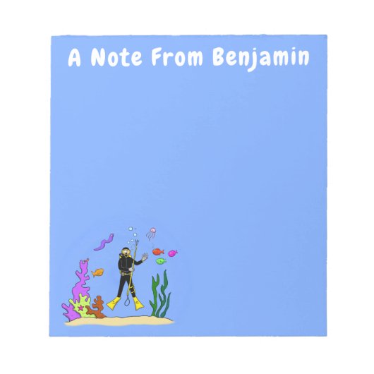 Funny Scuba Diver und Fischarten Cartoon Notizblock (Vorderseite)