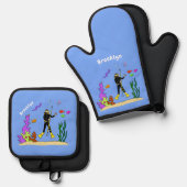 Funny Scuba Diver und Fischarten Cartoon Ofenhandschuh & Topflappen-Set (Vorderseite/Rückseite)