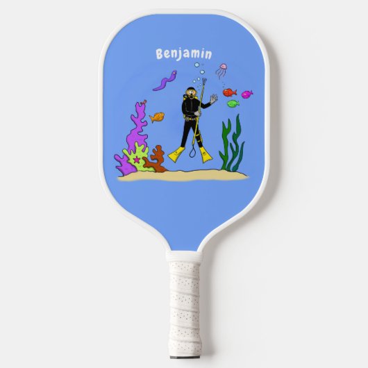 Funny Scuba Diver und Fischarten Cartoon Pickleball Schläger (Vorderseite)
