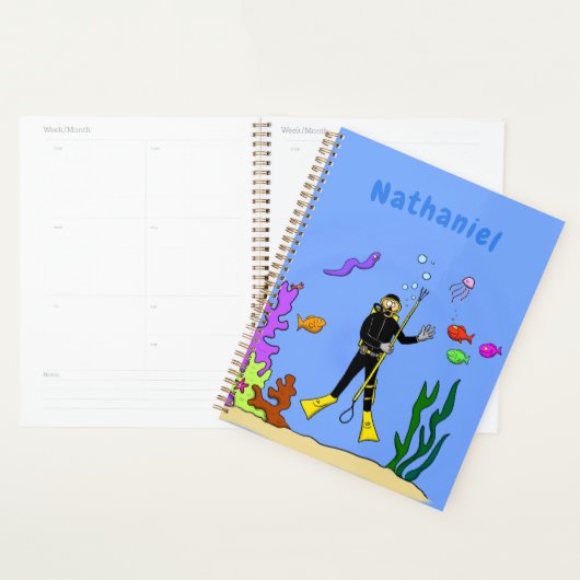 Funny Scuba Diver und Fischarten Cartoon Planer (Anzeige)