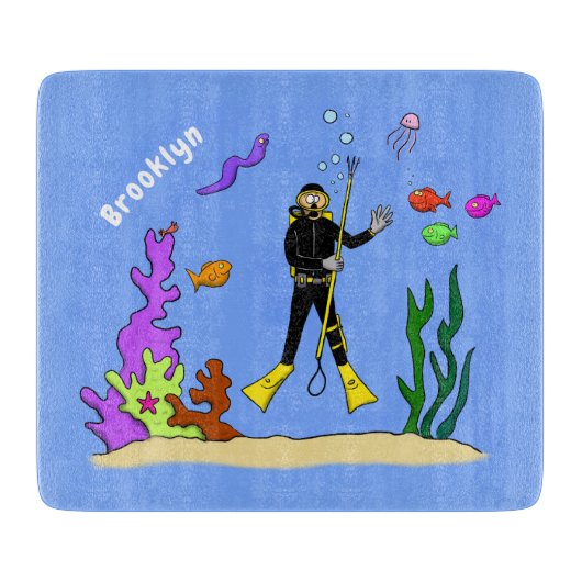 Funny Scuba Diver und Fischarten Cartoon Schneidebrett (Vorderseite)