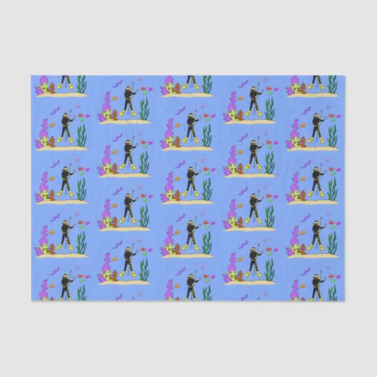 Funny Scuba Diver und Fischarten Cartoon Seidenpapier (Vorderseite)