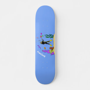 Funny Scuba Diver und Fischarten Cartoon Skateboard