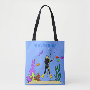 Funny Scuba Diver und Fischarten Cartoon Tasche