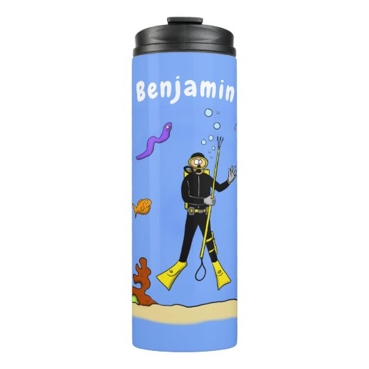 Funny Scuba Diver und Fischarten Cartoon Thermosbecher (Vorderseite)