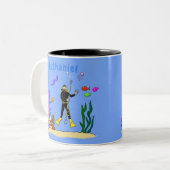 Funny Scuba Diver und Fischarten Cartoon Zweifarbige Tasse (Vorderseite Links)