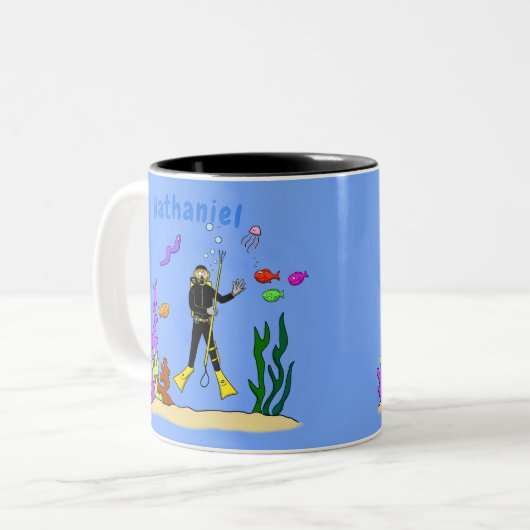 Funny Scuba Diver und Fischarten Cartoon Zweifarbige Tasse (Vorderseite Links)