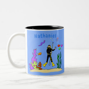Funny Scuba Diver und Fischarten Cartoon Zweifarbige Tasse