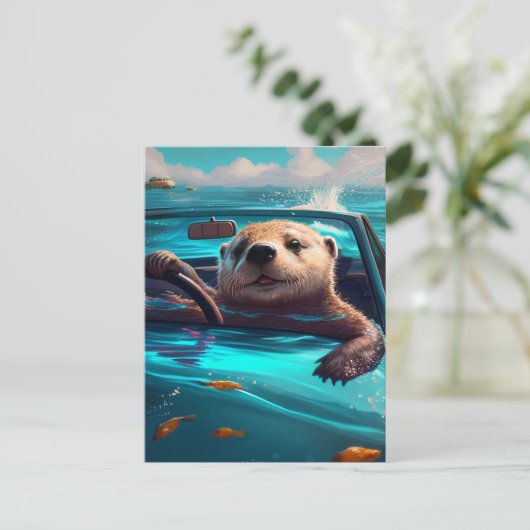 Funny Sea Otter Driving on Water Postcard Postkarte (Stehend Vorderseite)