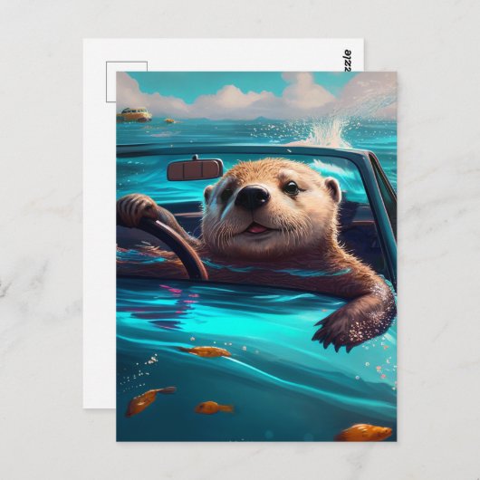 Funny Sea Otter Driving on Water Postcard Postkarte (Vorne/Hinten)