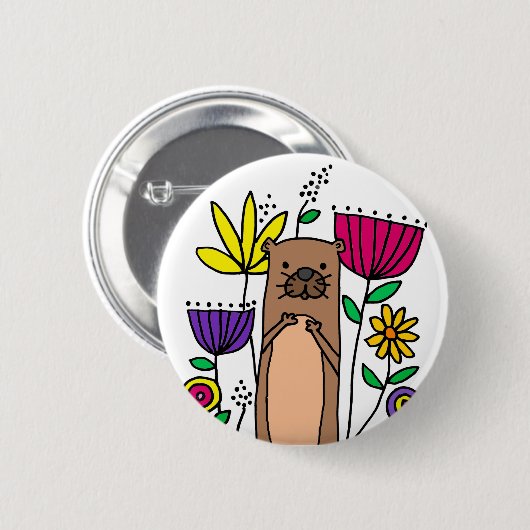 Funny Sea Otter im Blumengarten Cartoon Button (Vorne & Hinten)