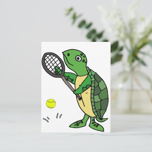 Funny Sea Turtle Playing Tennis Cartoon Postkarte (Stehend Vorderseite)