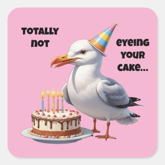 Funny Seagull Cake Joke - Totally Innocent! Quadratischer Aufkleber (Vorderseite)