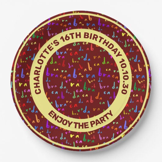 Funny Seamless Muster Abracadabra farbiger Text Pappteller (Vorderseite)