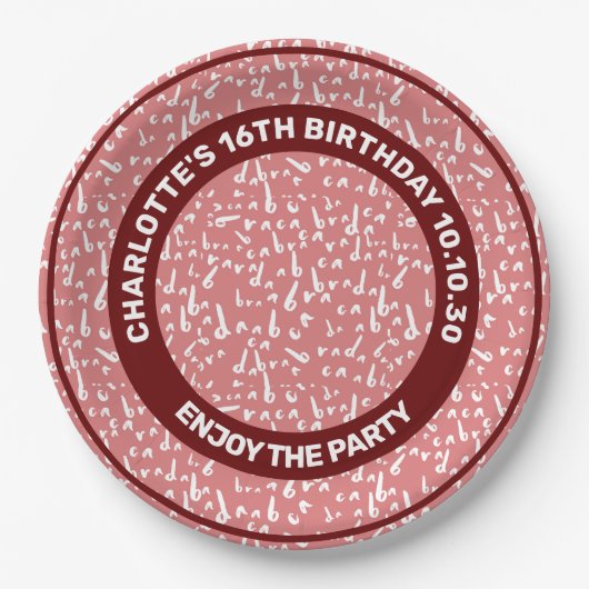 Funny Seamless Muster Abracadabra weiß auf rosa Pappteller (Vorderseite)