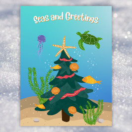 Funny Seas und Grüße Ozean Weihnachtsbaum flach Feiertagspostkarte