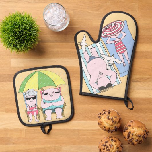 Funny Seaside Coupe Cartoon Seaside Art Ofenhandschuh & Topflappen-Set (Oben Unten)