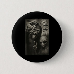 Funny Selfie Bigfoot Alien Sasquatch Rock On Hand Button
