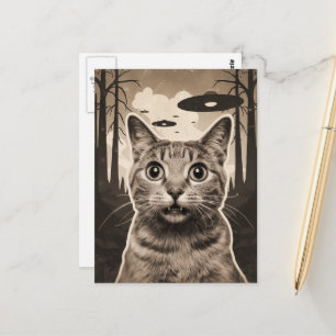 Funny Sepia Kitty und UFOs Postkarte