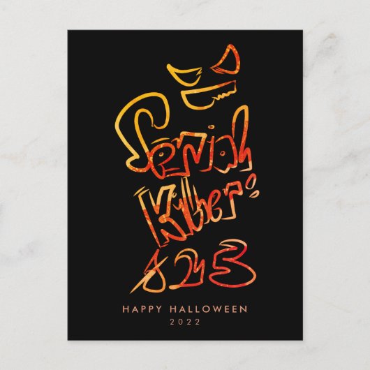 Funny Serial Killer Typografie Spooky Pumbkin Postkarte (Vorderseite)