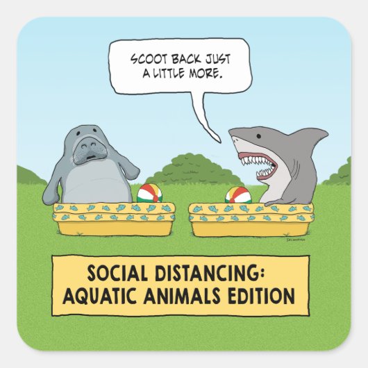 Funny Shark and Manate Social Distancing Quadratischer Aufkleber (Vorderseite)
