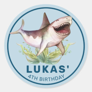 Funny Shark Blue Ocean Thema Kindergeburtstag Part Runder Aufkleber