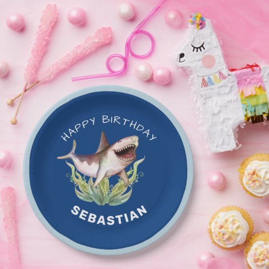 Funny Shark Boys Blue Ocean Birthday Party Pappteller (Party)