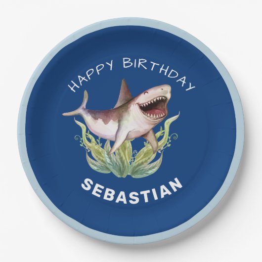 Funny Shark Boys Blue Ocean Birthday Party Pappteller (Vorderseite)