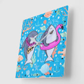 Funny Shark Undersea Coral Party Ukulele Quadratische Wanduhr (Winkel)