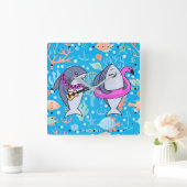 Funny Shark Undersea Coral Party Ukulele Quadratische Wanduhr (Zuhause)