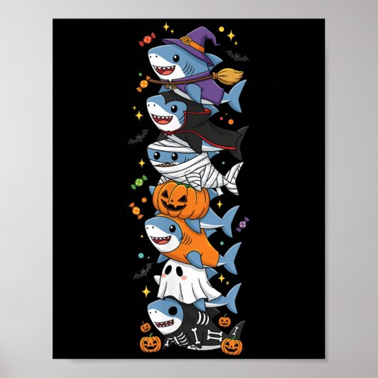 Funny Shark Witch Vampire Ghost Halloween Kids Men Poster (Vorne)