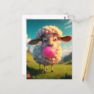 Funny Sheep Chewing Pink Bubble Gum Postkarte