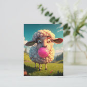 Funny Sheep Chewing Pink Bubble Gum Postkarte (Stehend Vorderseite)