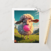 Funny Sheep Chewing Pink Bubble Gum