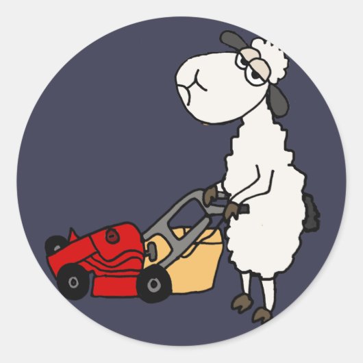 Funny Sheep Mowing Grass Cartoon Runder Aufkleber (Vorderseite)